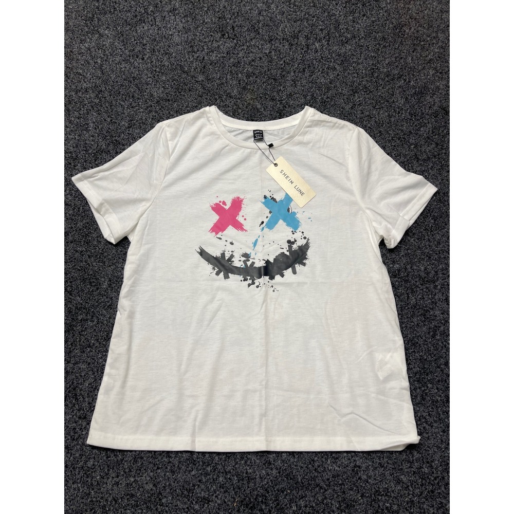 SHEIN LUNE Womens XL White Graphic T-Shirt Paint Splatter Smiley Face Crewneck